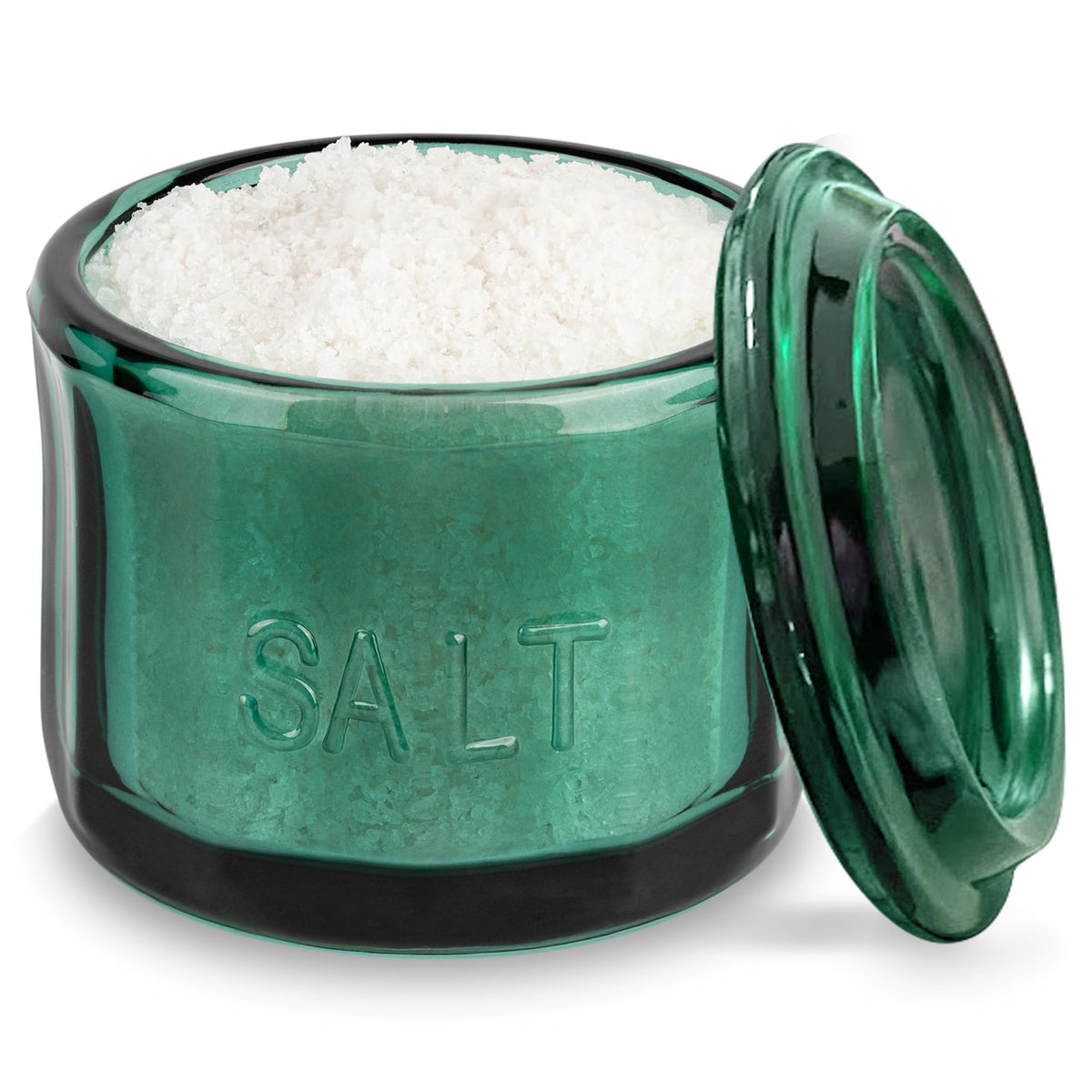 KooK glass salt cellar with lid in emerald green for easy, fresh storage on the counter.