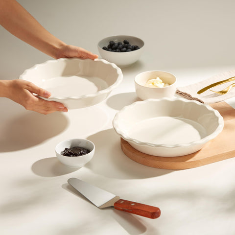 KooK pie pan ivory deep interior supports generous fillings.