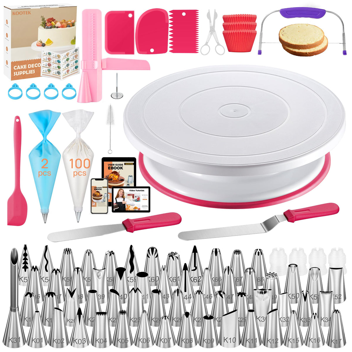 Kootek 230pcs cake decorating kit turntable enables smooth rotation for even frosting.