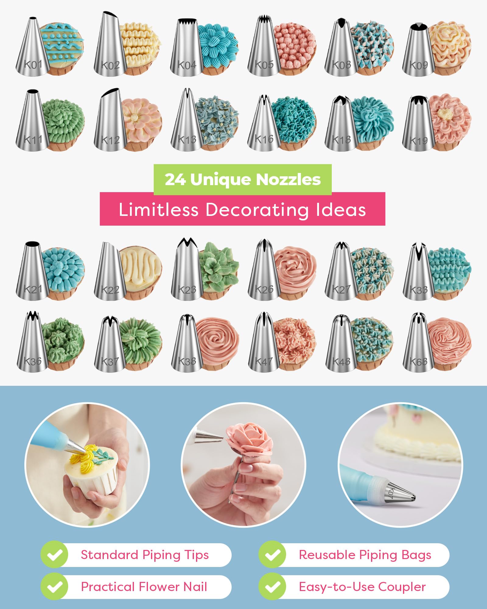 Kootek 24 numbered piping tips for varied patterns and professional-looking frosting