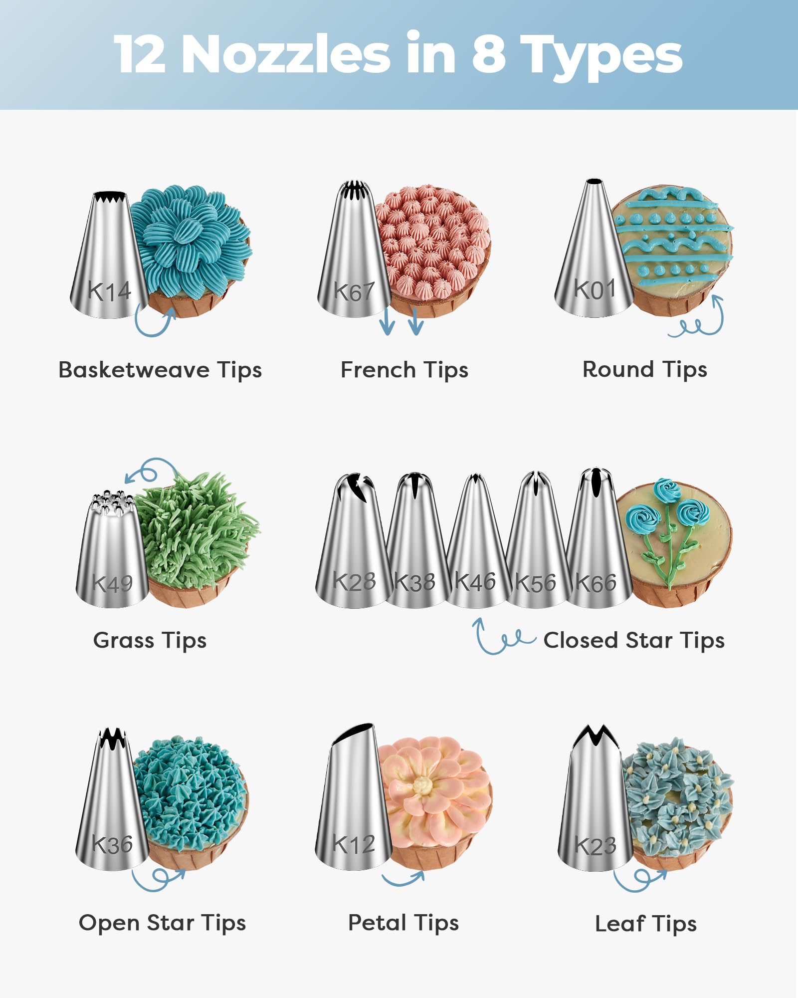 Kootek icing tips set with numbered nozzles for precise designs.