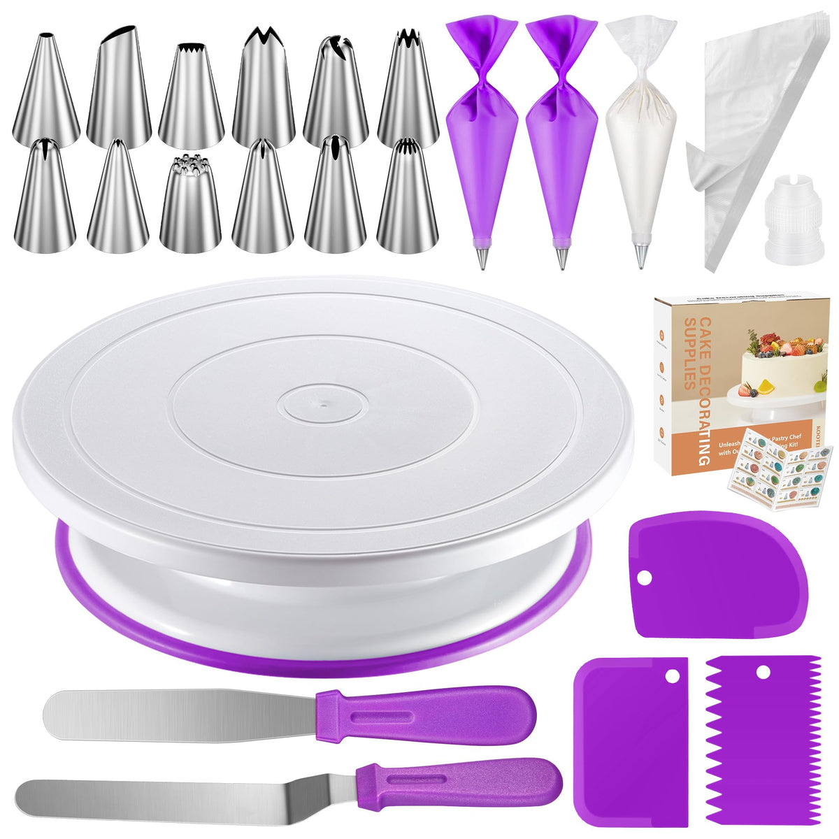 Kootek cake decorating kit on a non-slip 11-inch turntable for smooth frosting.