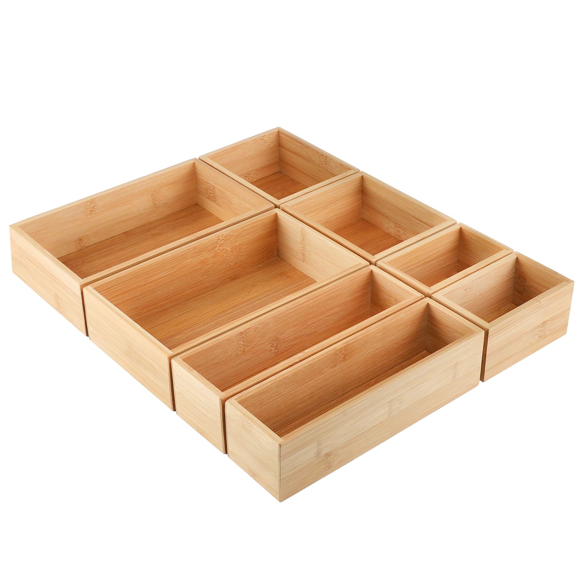 Kootek 8-piece bamboo drawer organizer set keeps utensils neatly separated for quick access.