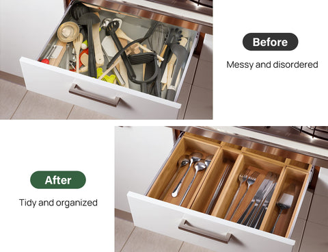 Kootek bamboo drawer-tray-10x3x2-5in fits compact spaces.