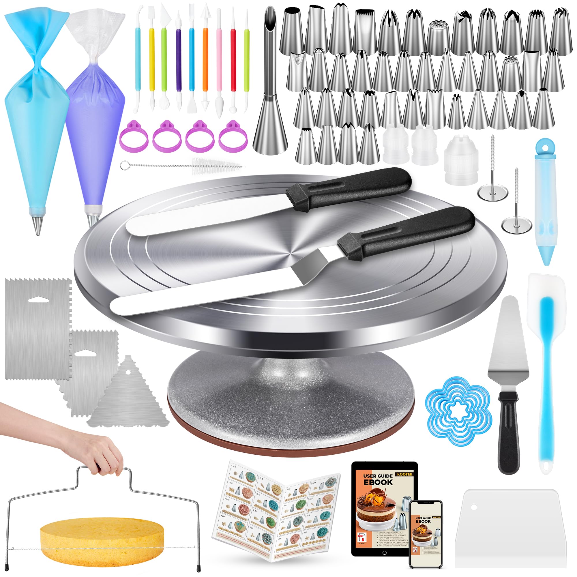 Kootek aluminium cake turntable for stable, smooth decorating around all sides.