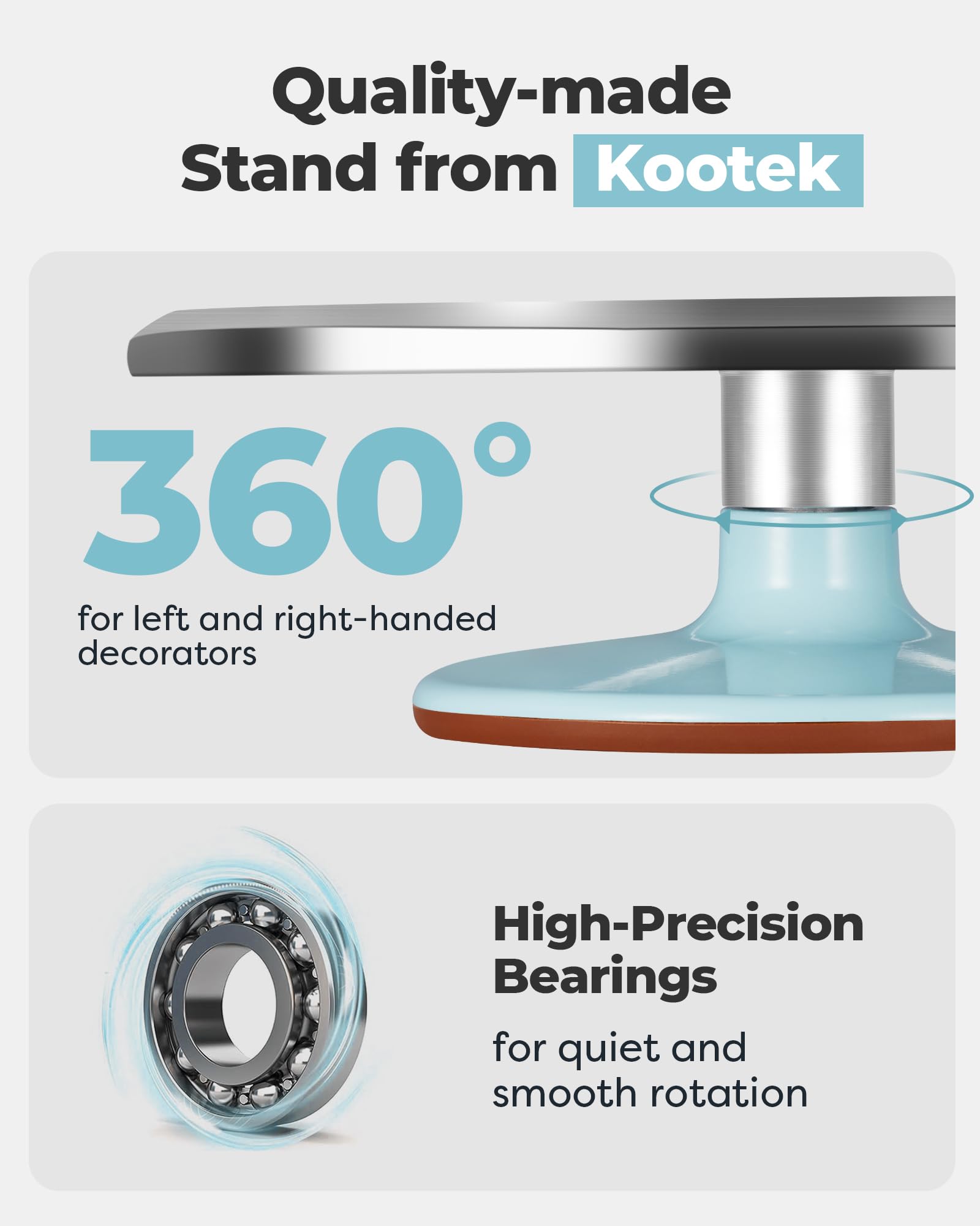 Kootek cake turntable with smooth rotation enables even frosting from all angles.