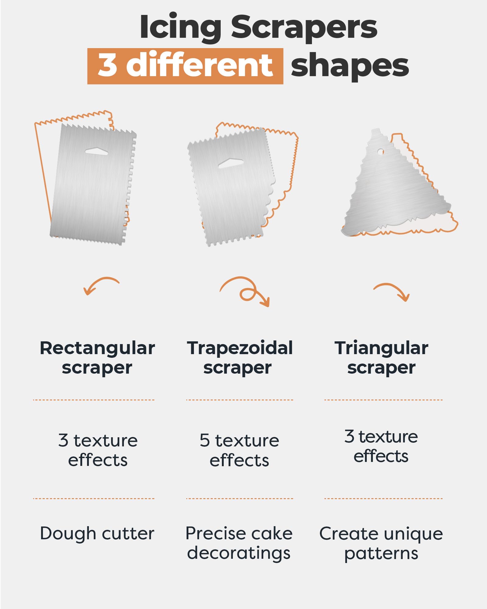 Kootek decorating combs reveal clean edges for balanced patterns.
