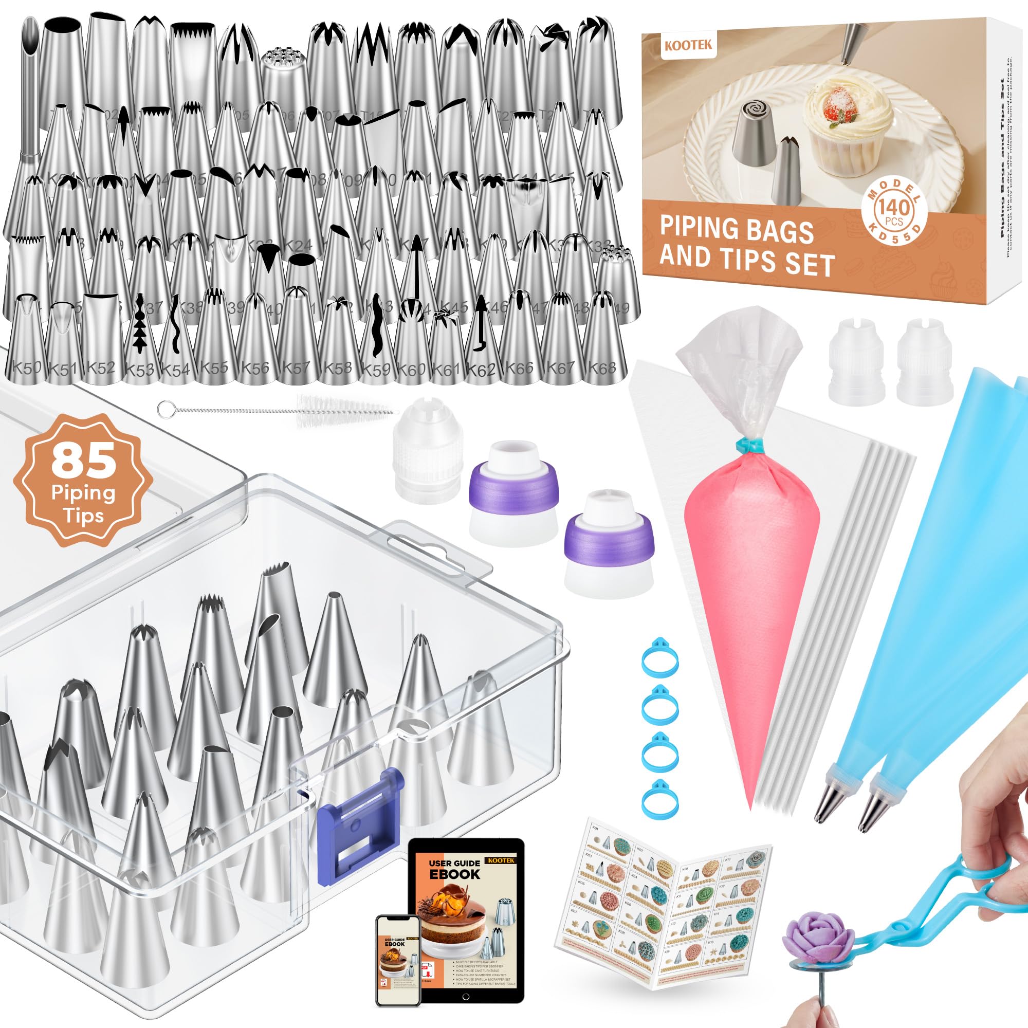 Kootek icing bags and tips set with pattern chart for precise cake decorations.