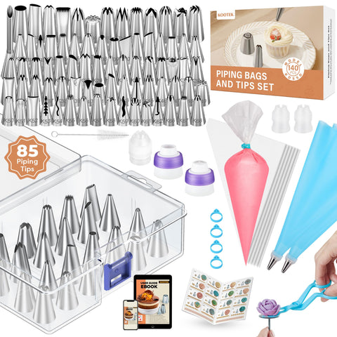 Kootek icing bags and tips set with pattern chart for precise cake decorations.