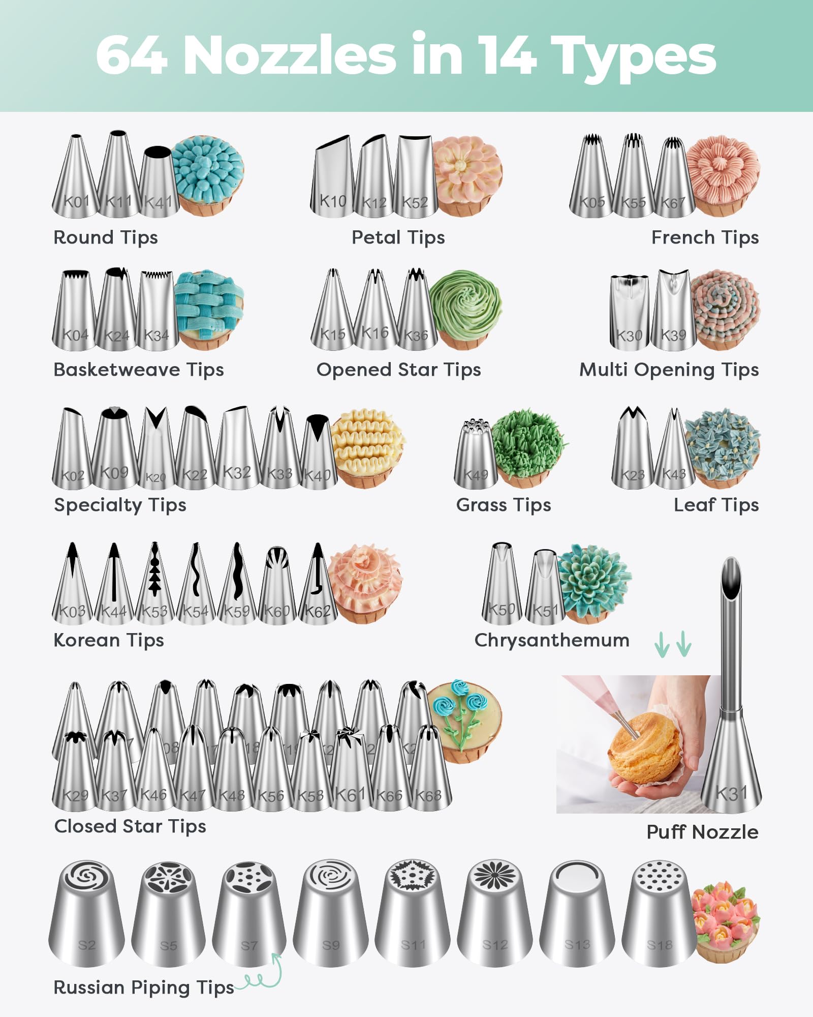 Kootek piping tips and bags set with diverse designs.