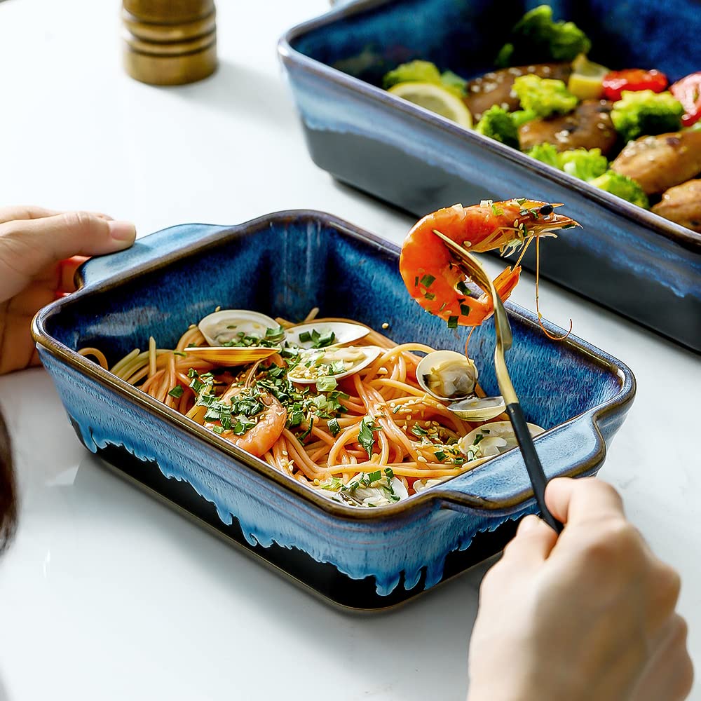 KOOV bakeware on table display enhances dining with colorful Nebula Blue glaze.