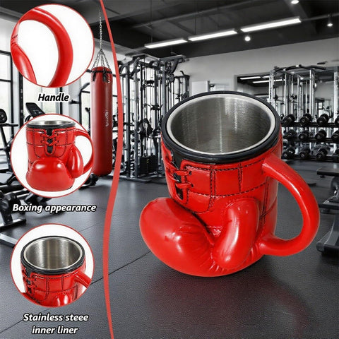 KoovDem boxing glove mug handle view demonstrates comfortable grip for hot beverages