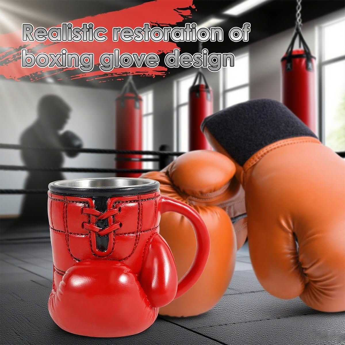 KoovDem boxing glove mug side view emphasizes ergonomic handle for secure sipping