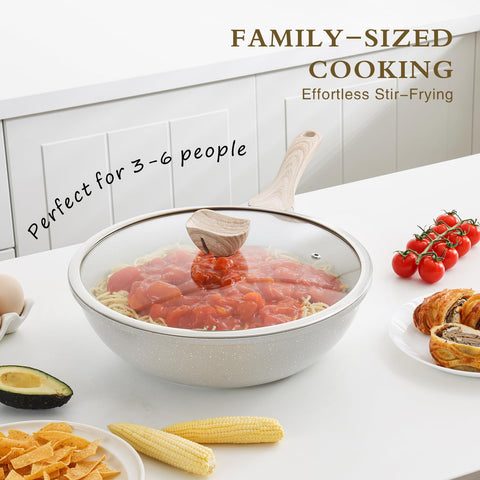 Kordisen wok includes a glass lid to monitor progress while locking in flavors