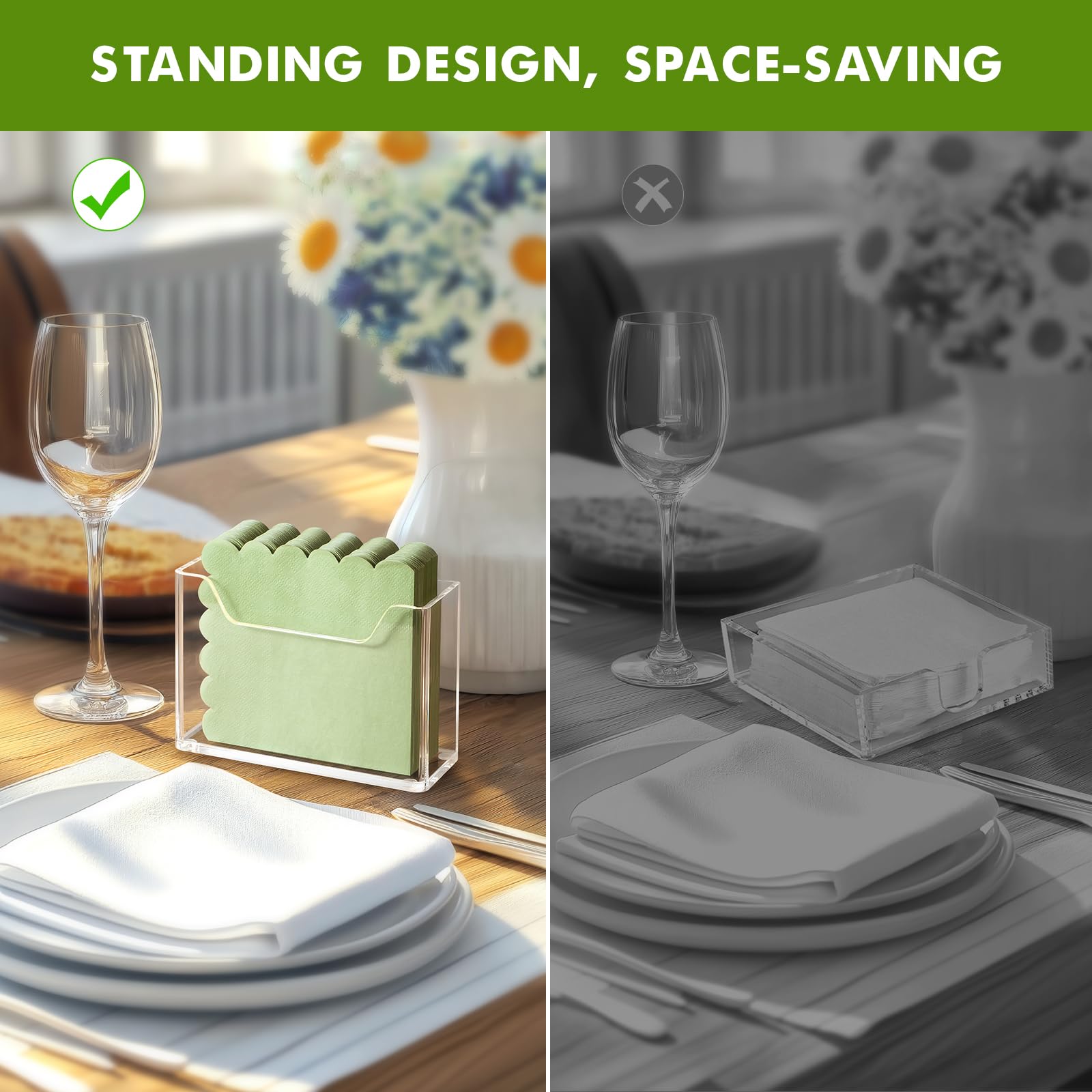 Kordory vertical napkin holder in clear acrylic for dining tables and bars.