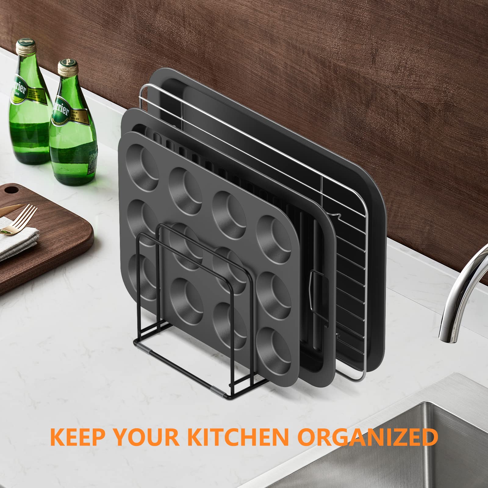 KORRTFID bakeware organizer on countertop provides quick access to pans.