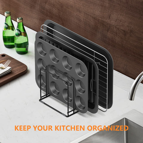 KORRTFID bakeware organizer on countertop provides quick access to pans.