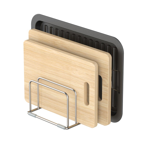 KORRTFID cutting board holder front view showing sturdy 304 stainless steel frame for countertop organization.