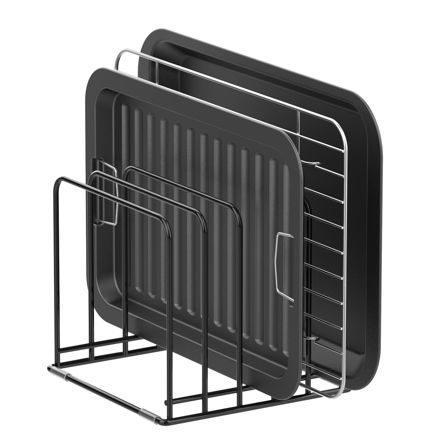 KORRTFID kitchen cabinet organizer with five slots for pans and boards, keeps counters tidy.