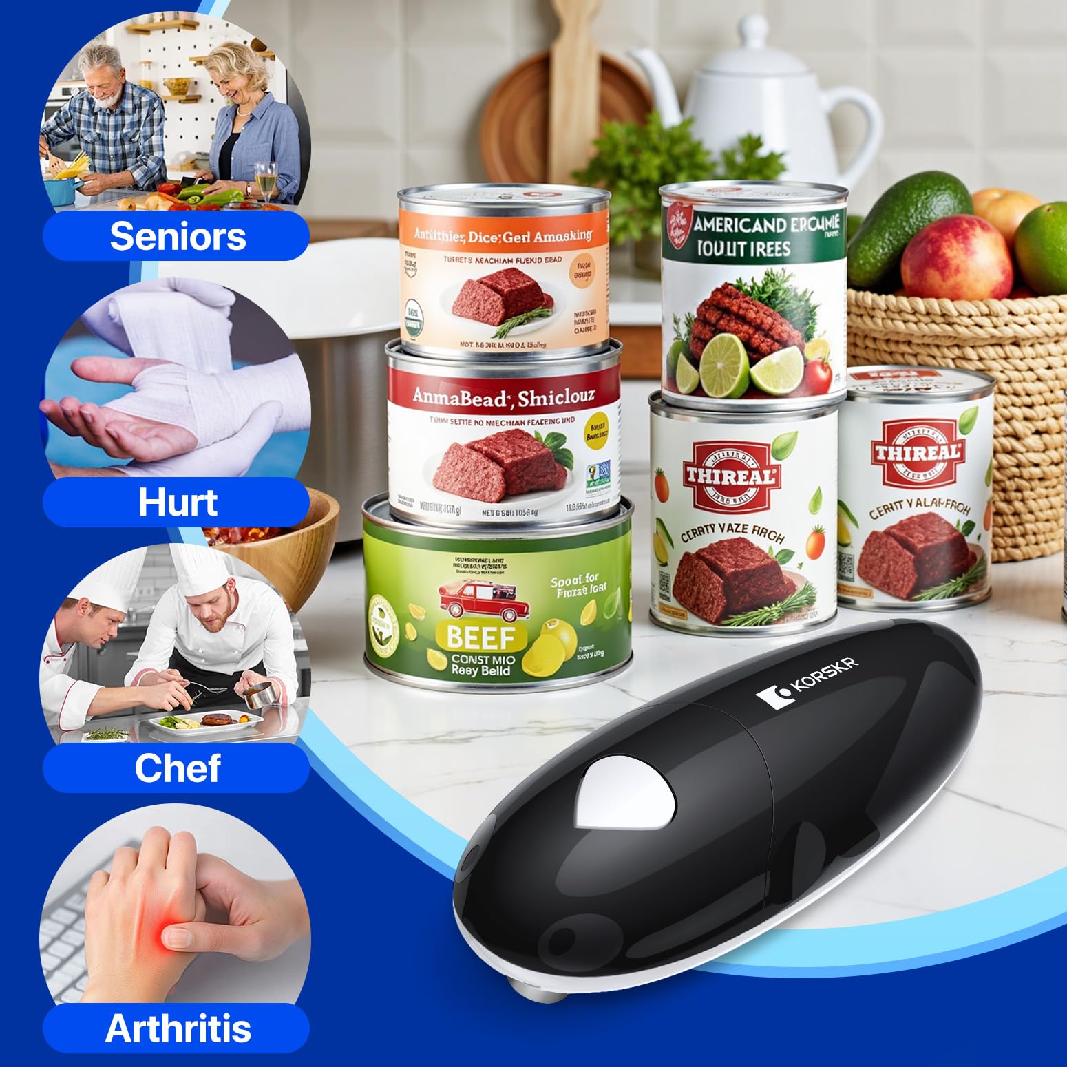KORSKR electric can opener is arthritis-friendly with simple operation for weak hands.