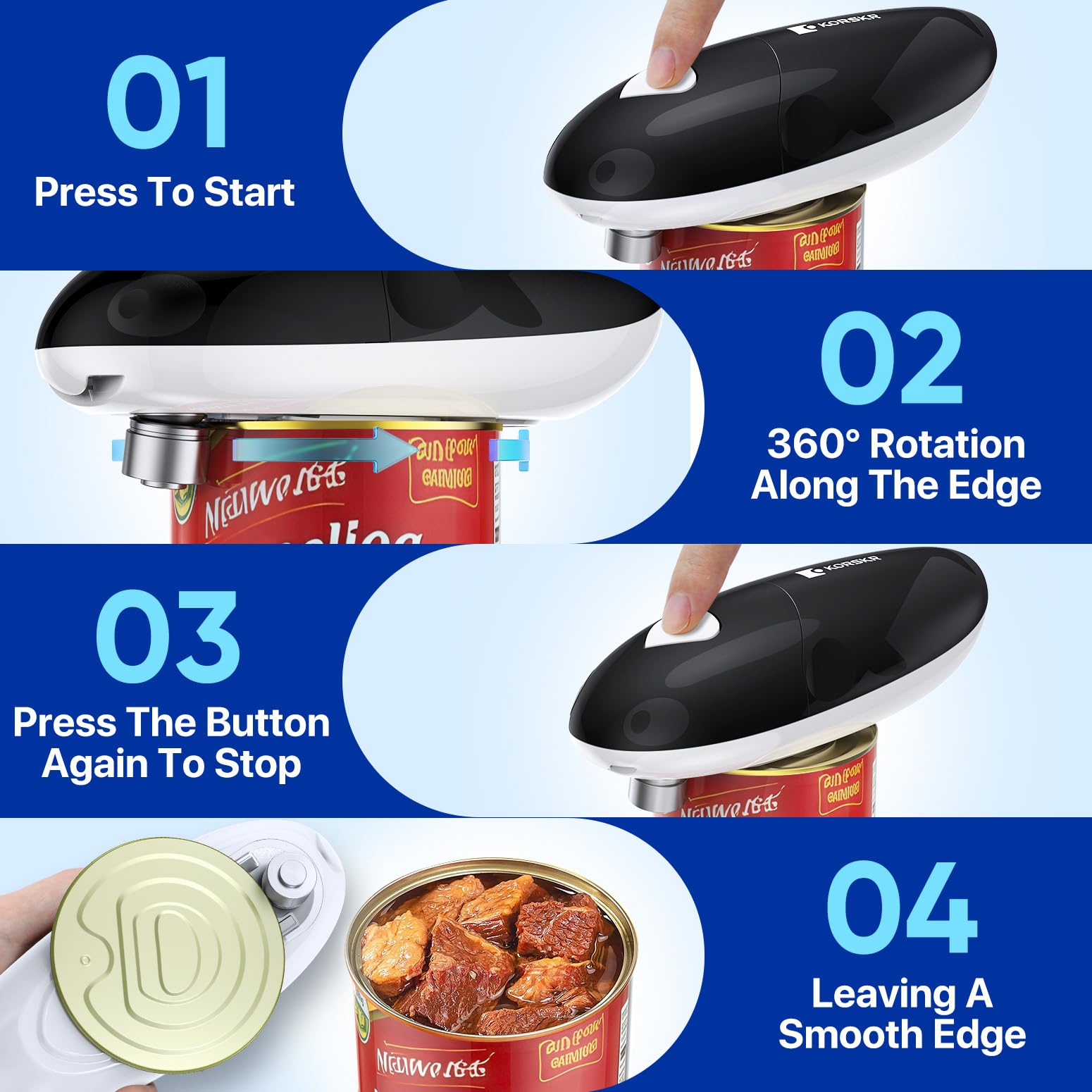 KORSKR electric can opener features one-touch operation for effortless opening.