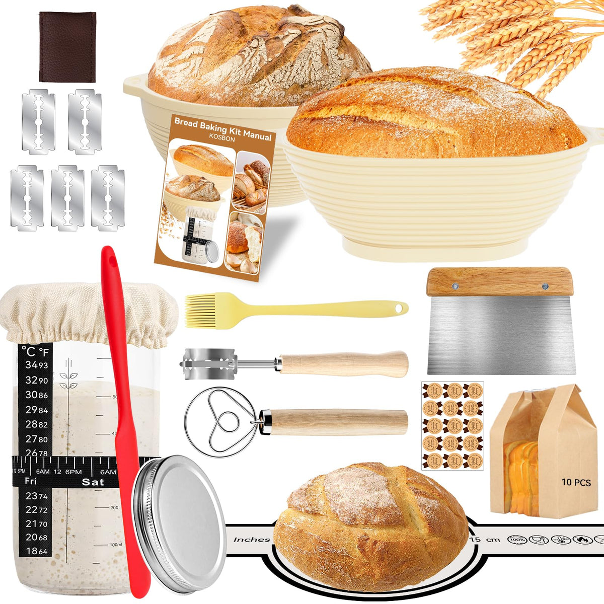 KOSBON 24PCS sourdough starter kit – complete setup for effortless bread making.