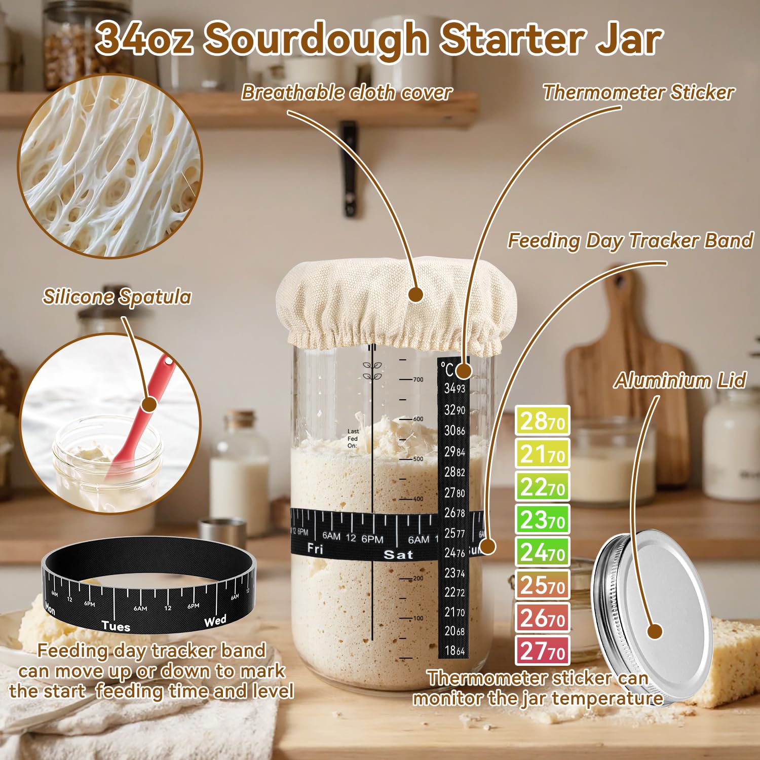 KOSBON 34oz starter jar with marks – helps track feeding and progress.