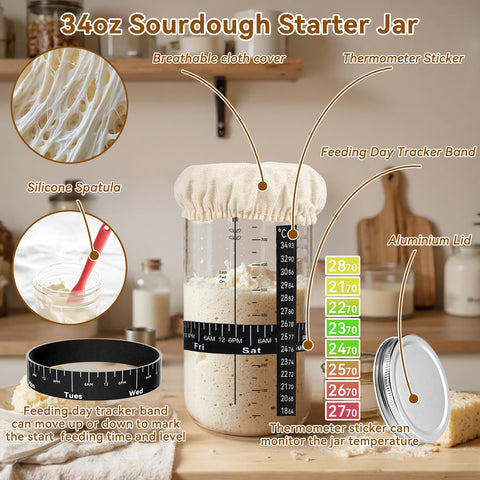 KOSBON 34oz starter jar with marks – helps track feeding and progress.