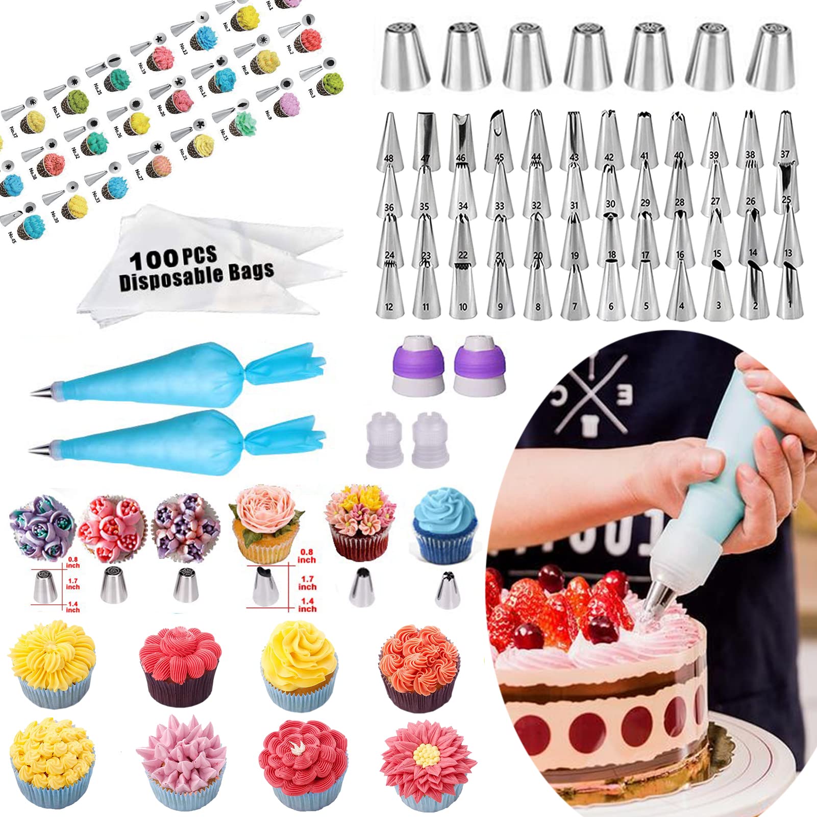 Kosbon icing tips with chart for precise cake designs.