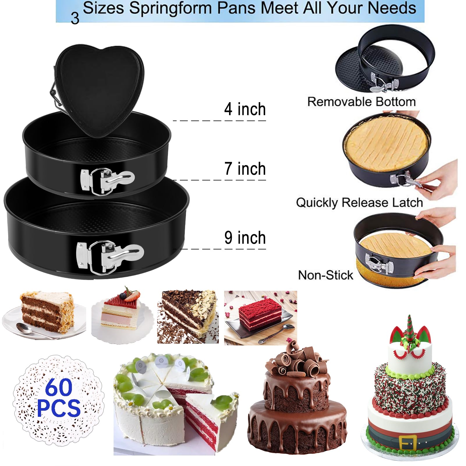 Kosbon springform pans in 4, 7, and 9 inch sizes for layered cakes.