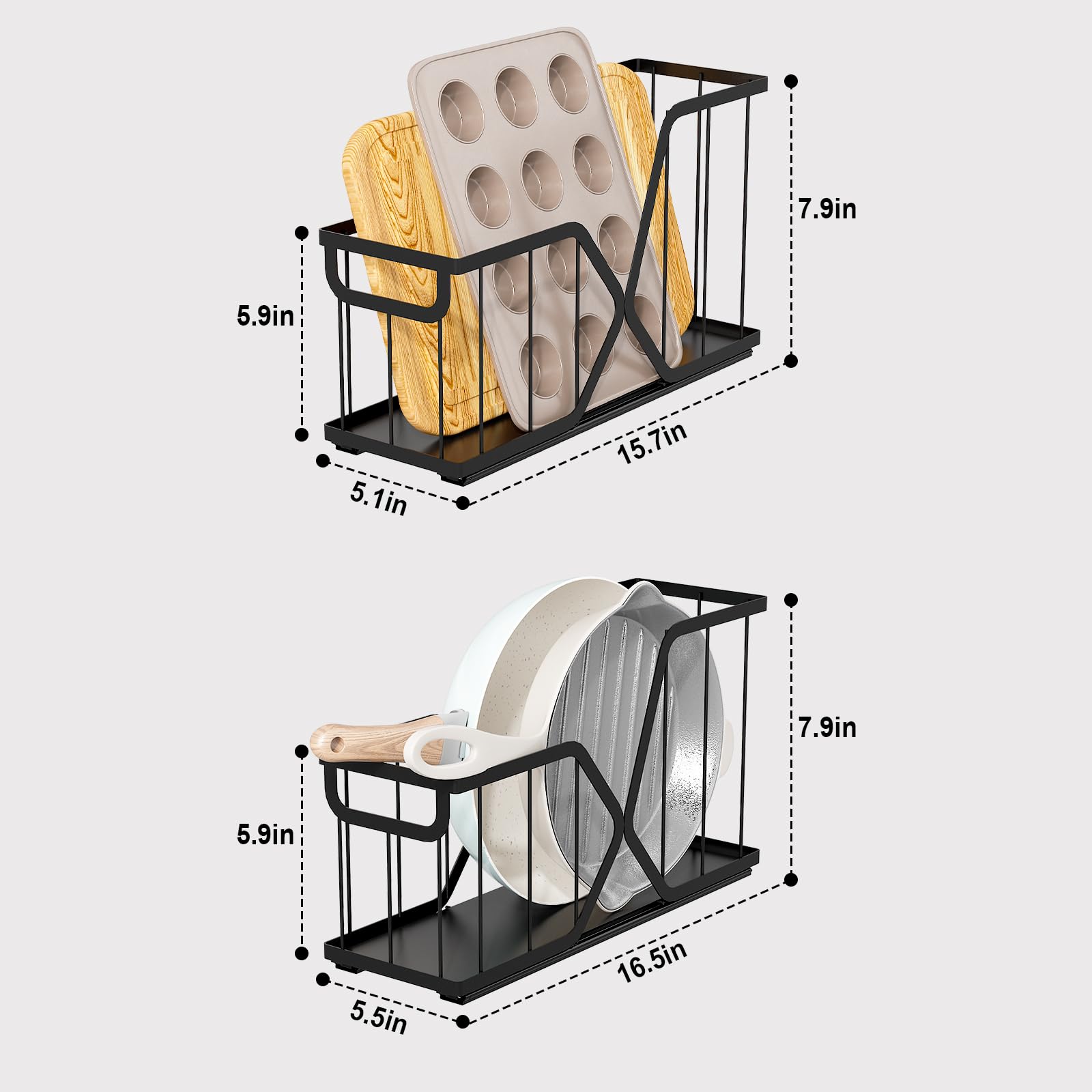 KOSIWU organizer storing baking sheets and bakeware in a narrow cabinet.