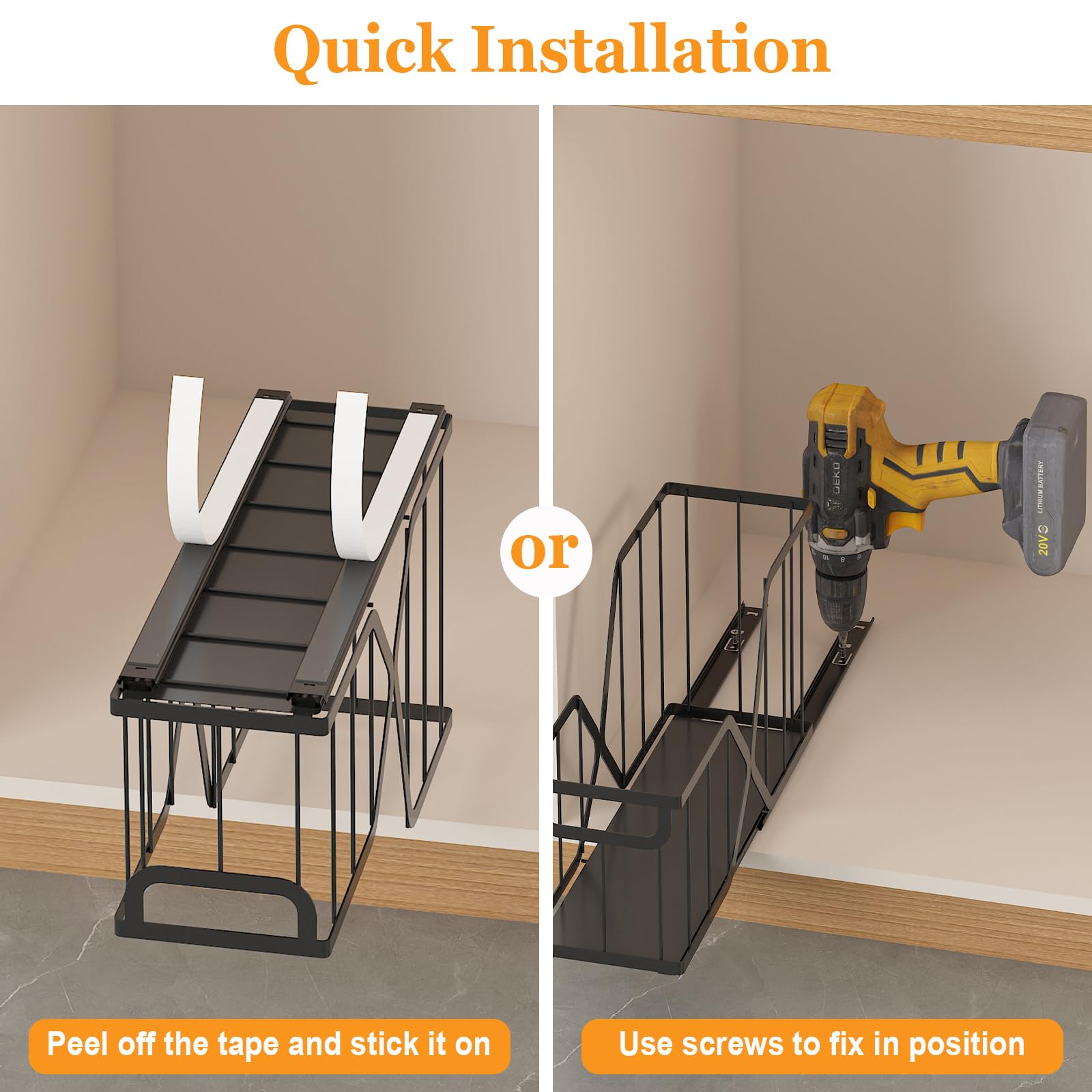KOSIWU pull-out keeps cookie sheets and cutting boards neatly organized.