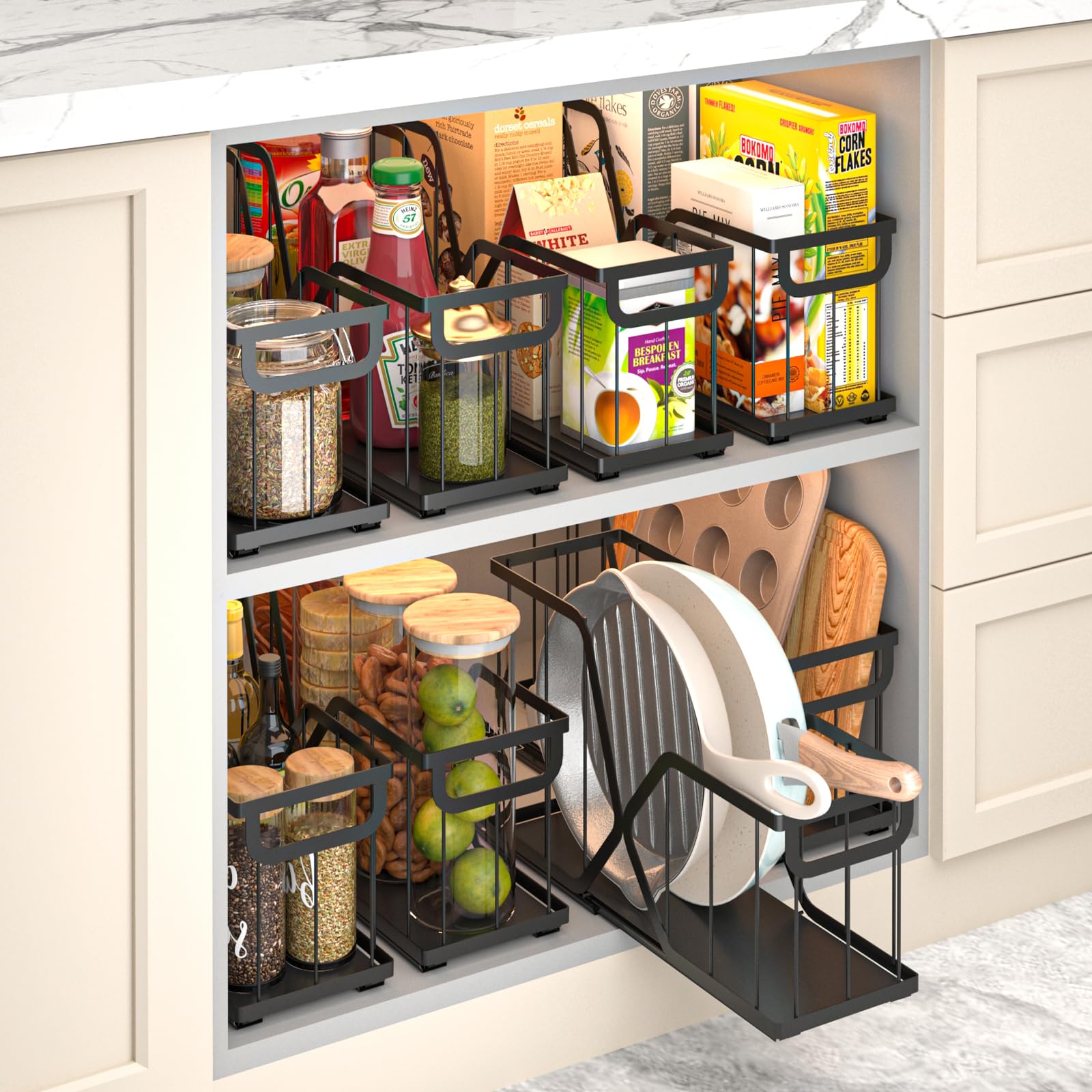 Open tilt view of KOSIWU pull-out organizer showing smooth glide action.