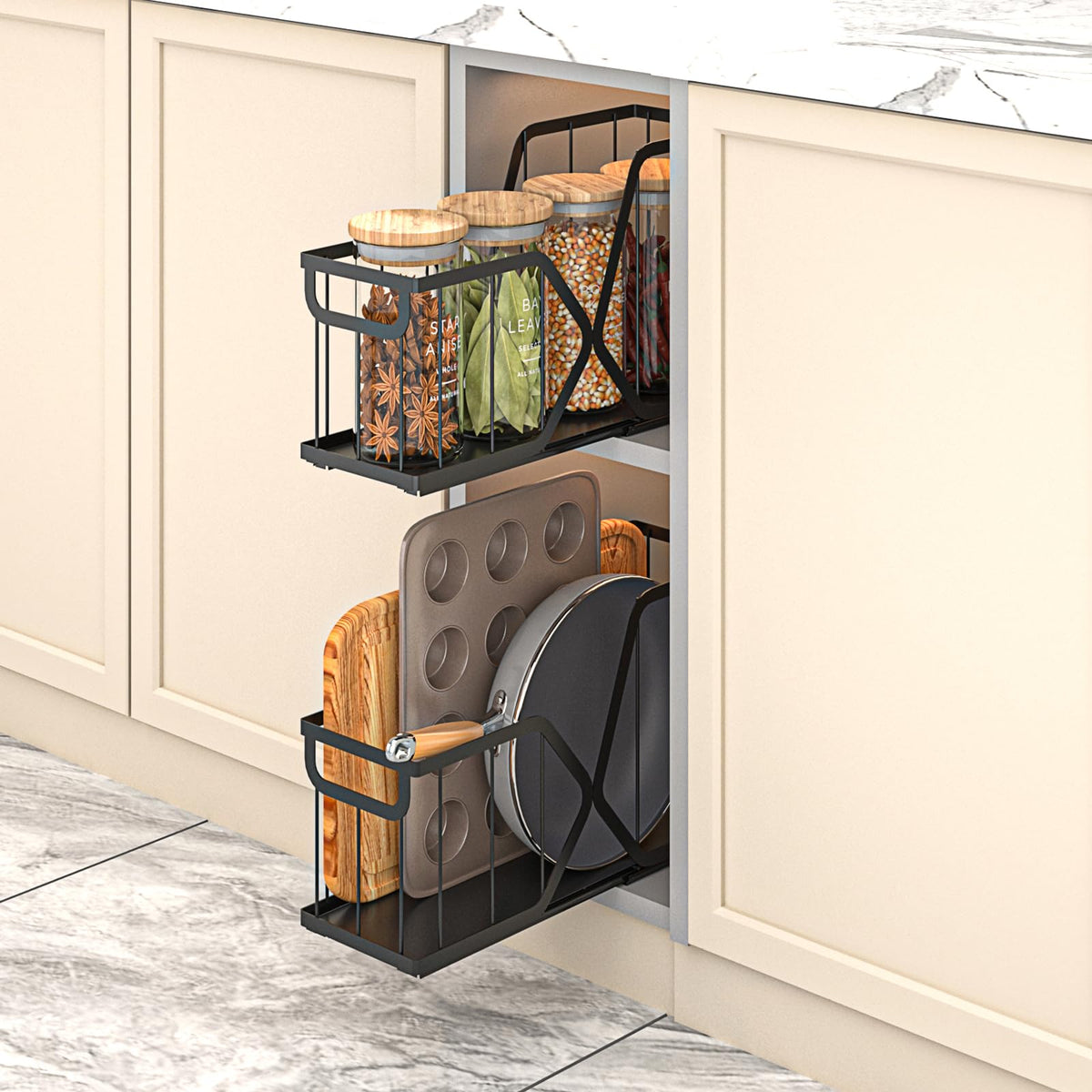 KOSIWU pull-out organizer installed under cabinet for easy access to bakeware.