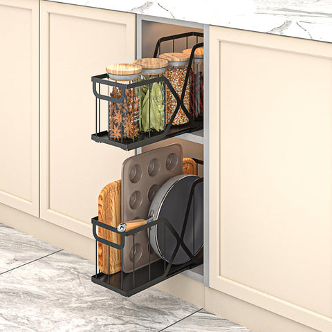 KOSIWU pull-out organizer installed under cabinet for easy access to bakeware.