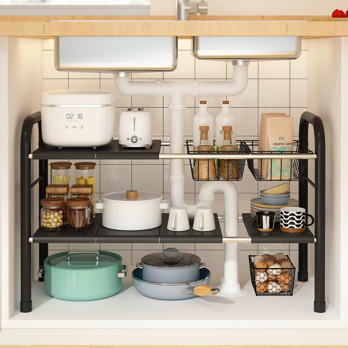 KOSIWU under-sink organizer 2-tier keeps cabinets organized and accessible.