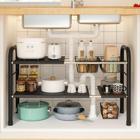 KOSIWU under-sink organizer 2-tier keeps cabinets organized and accessible.