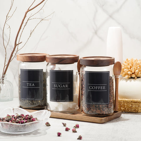 KOSKIMER three-jar set with acacia scoops keeps sugar, tea, and spices organized.