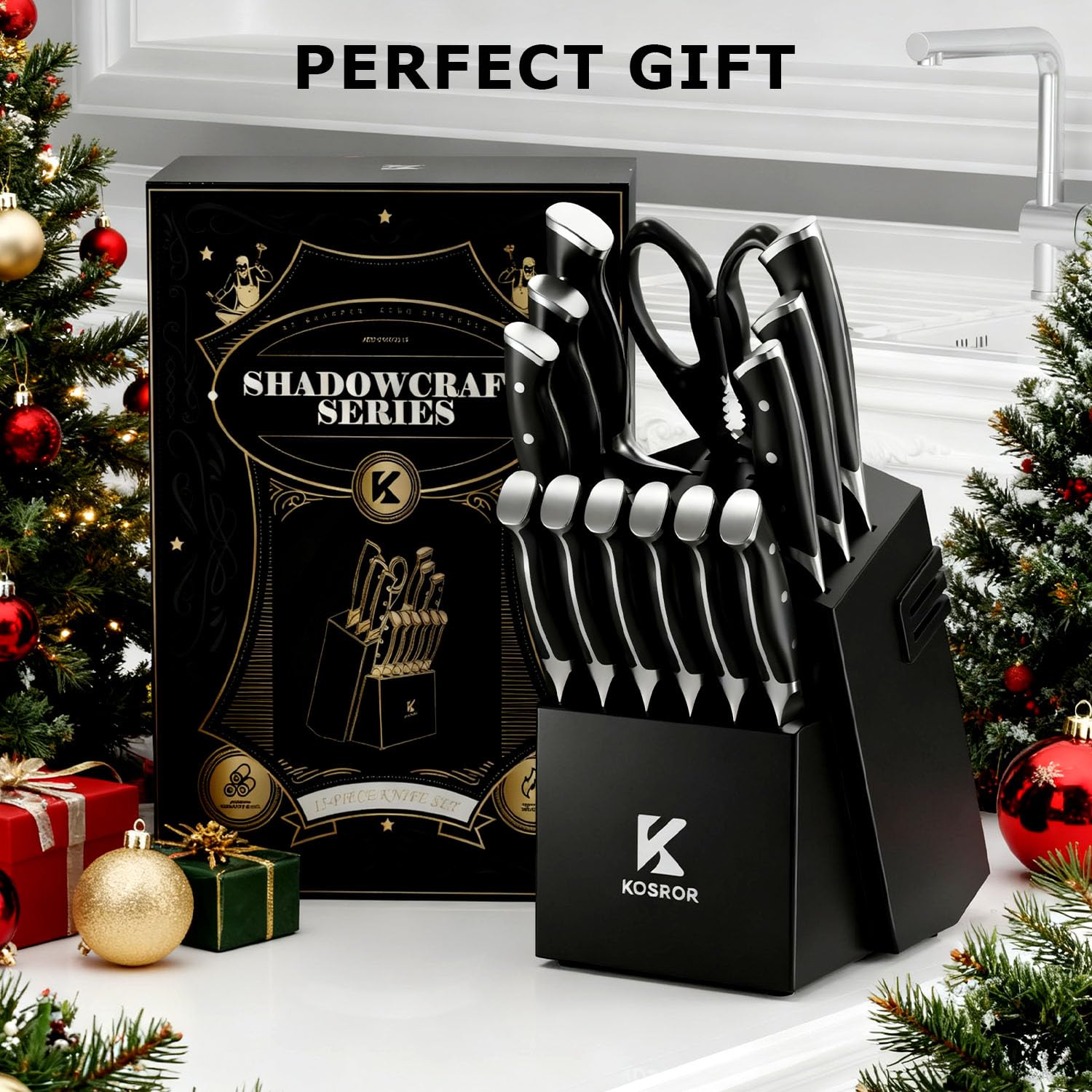 KOSROR ShadowCraft knife block with built-in sharpener supports quick maintenance and organization.