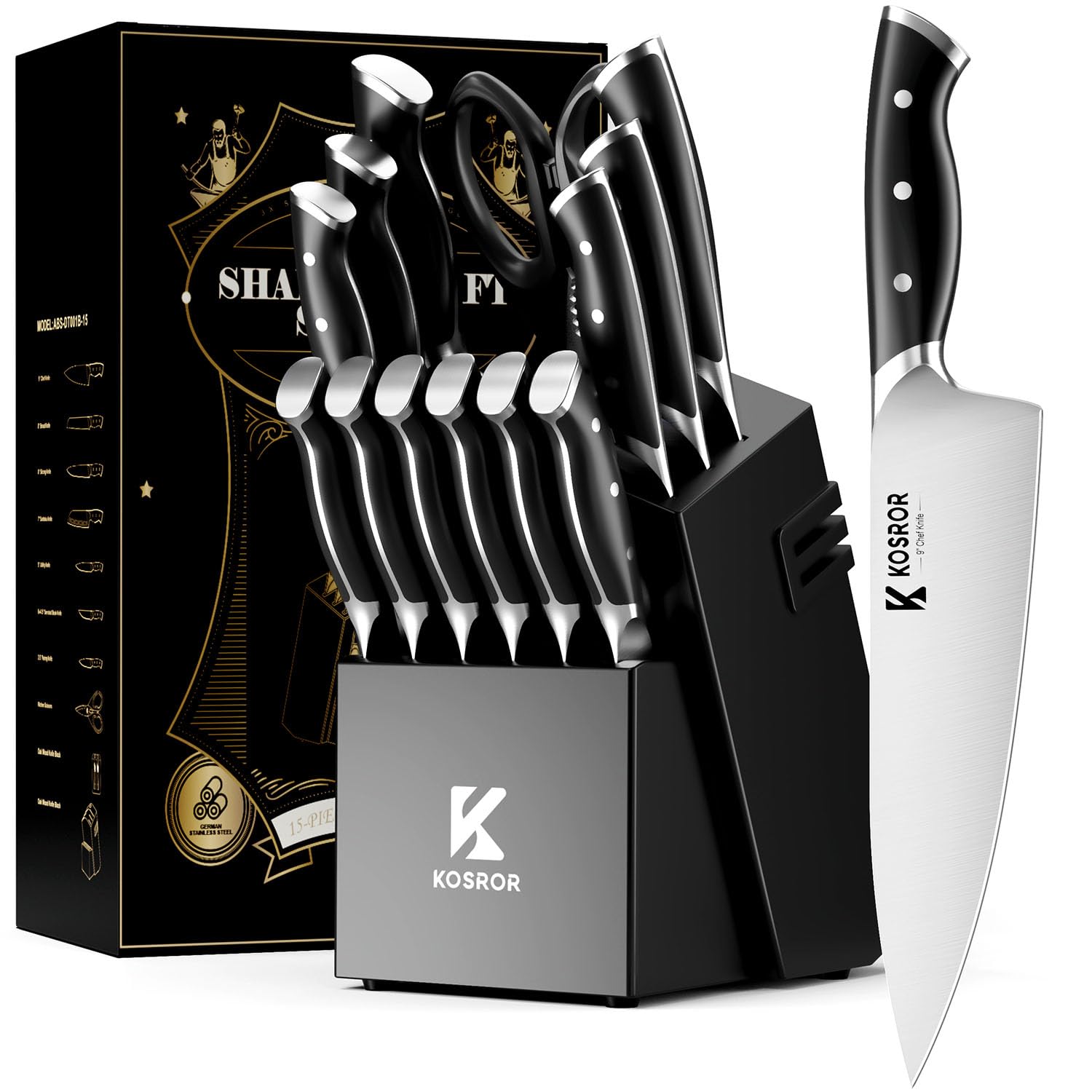 KOSROR ShadowCraft knife block set in an oak block for organized kitchen storage and easy access.