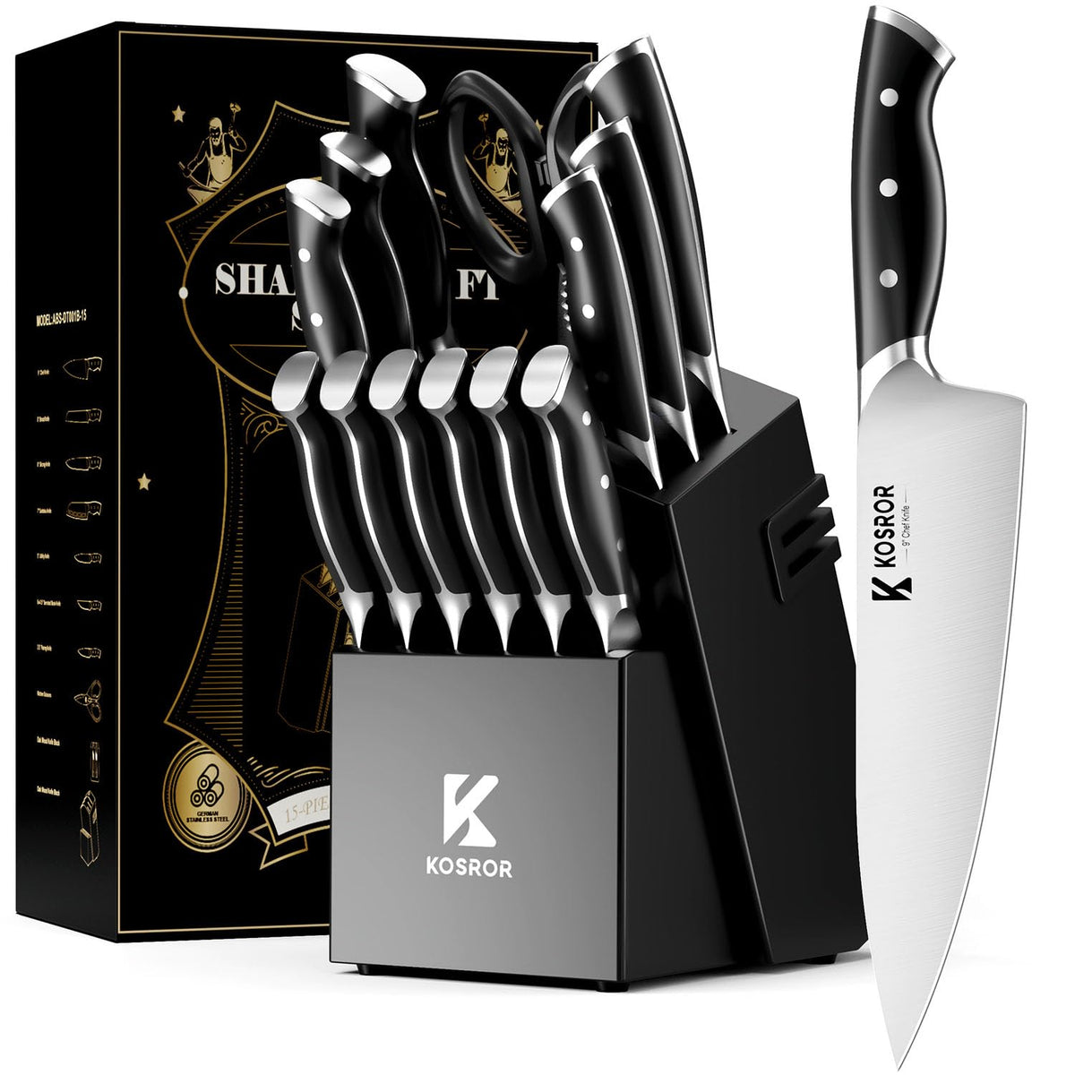 KOSROR ShadowCraft knife block set in an oak block for organized kitchen storage and easy access.