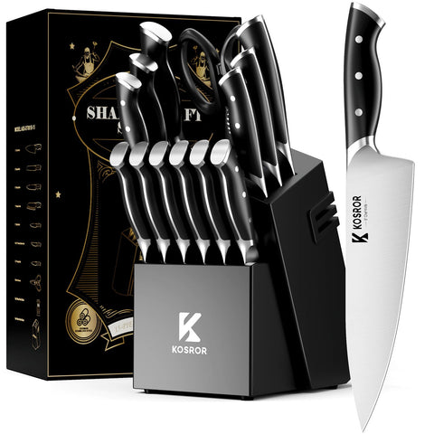 KOSROR ShadowCraft knife block set in an oak block for organized kitchen storage and easy access.