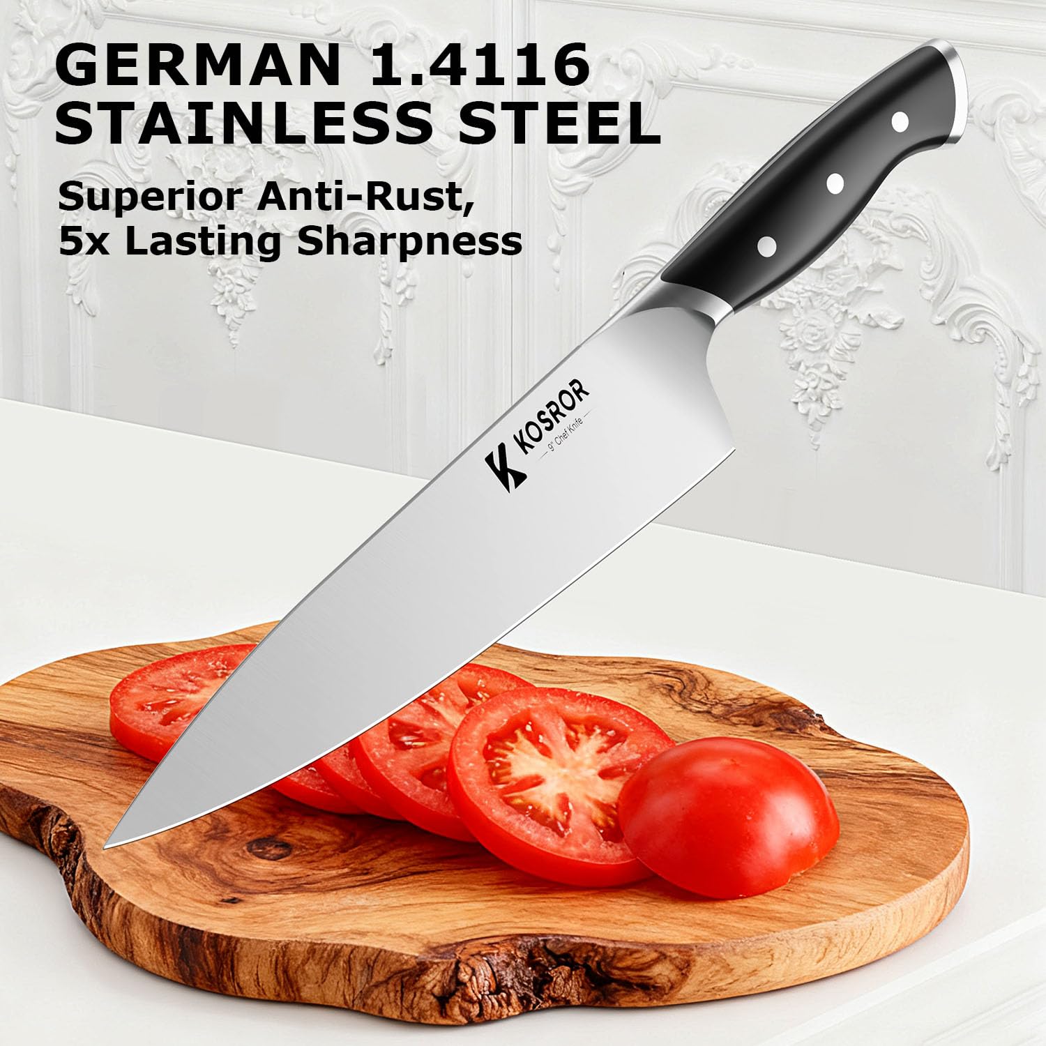 KOSROR ShadowCraft 8-inch slicing knife ideal for vegetables and meats with a clean cut.