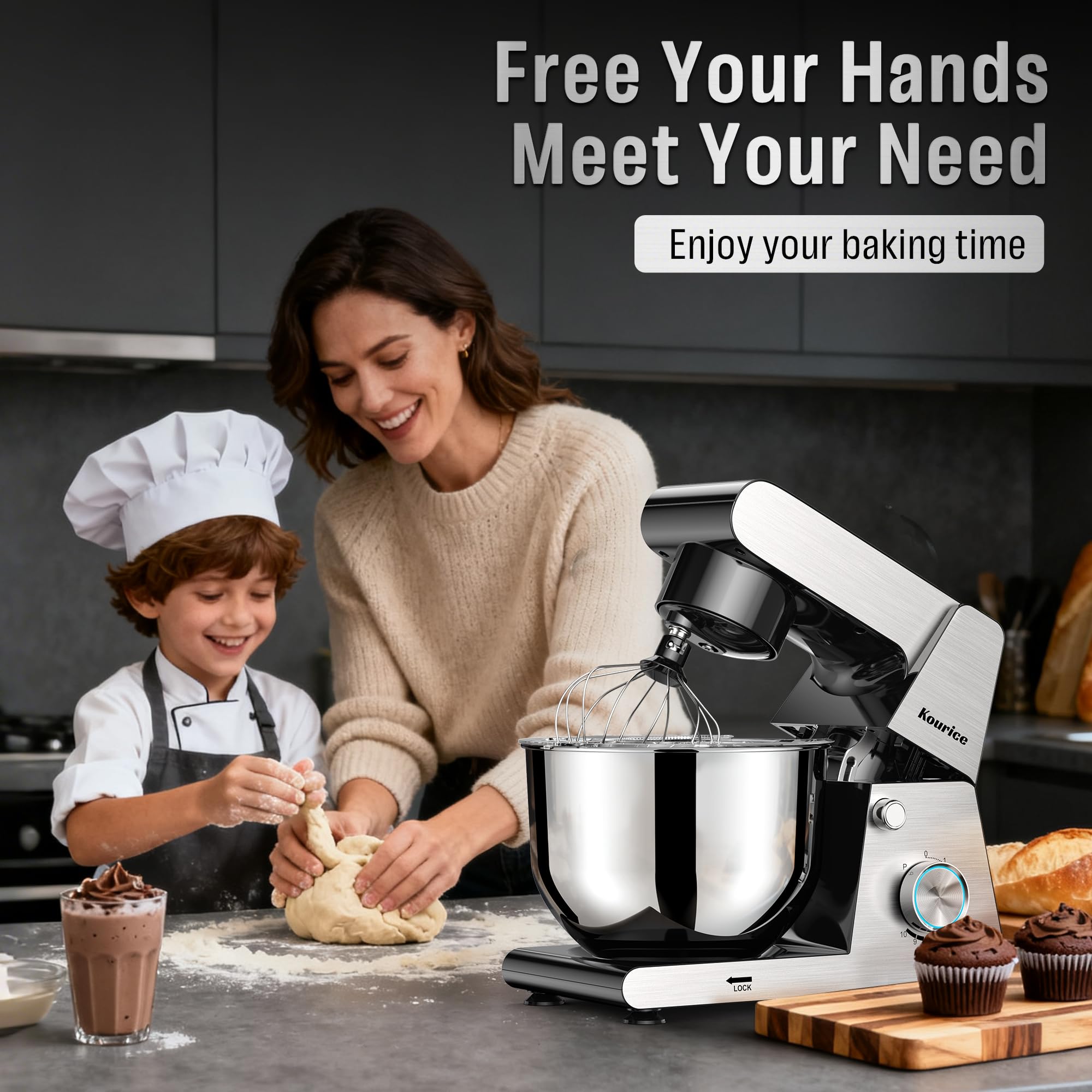 Large-capacity mixer ideal for bread, cakes, cookies, and frostings