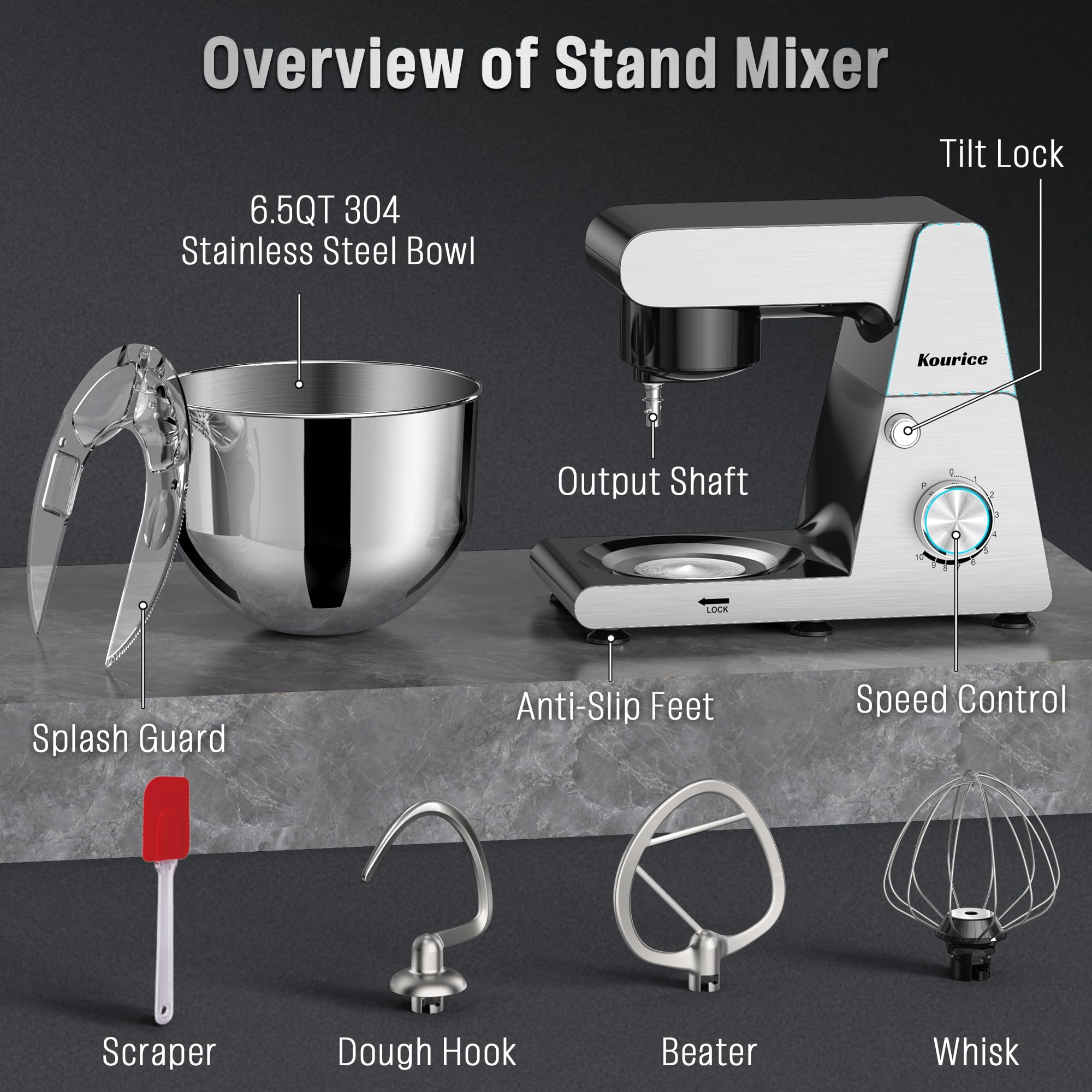 Non-slip base reduces vibration for stable mixing on countertops
