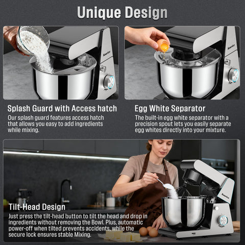 Tilt-head design simplifies attachment changes and ingredient additions