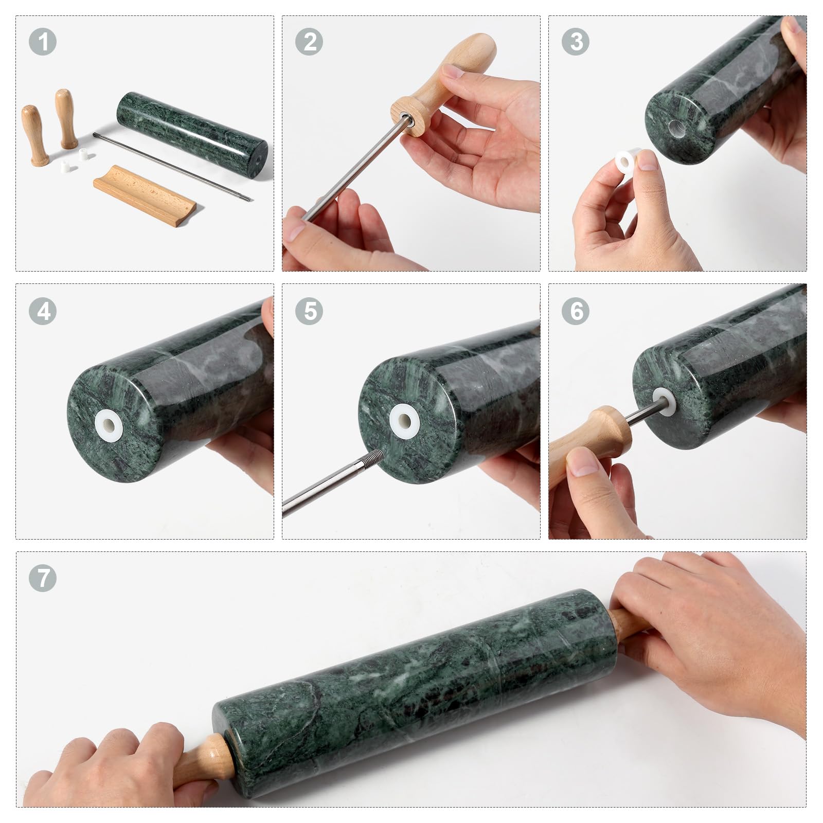 Koville Green Marble Rolling Pin with wooden handles for comfortable grip