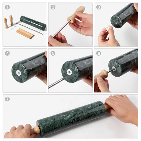 Koville Green Marble Rolling Pin with wooden handles for comfortable grip