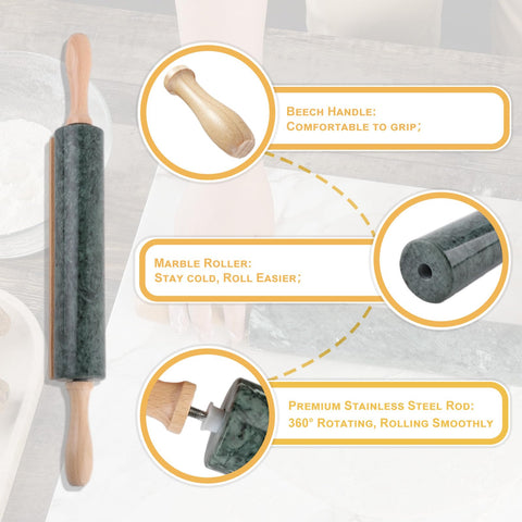 Koville rolling pin side profile reveals unique green marble pattern and sturdy build.