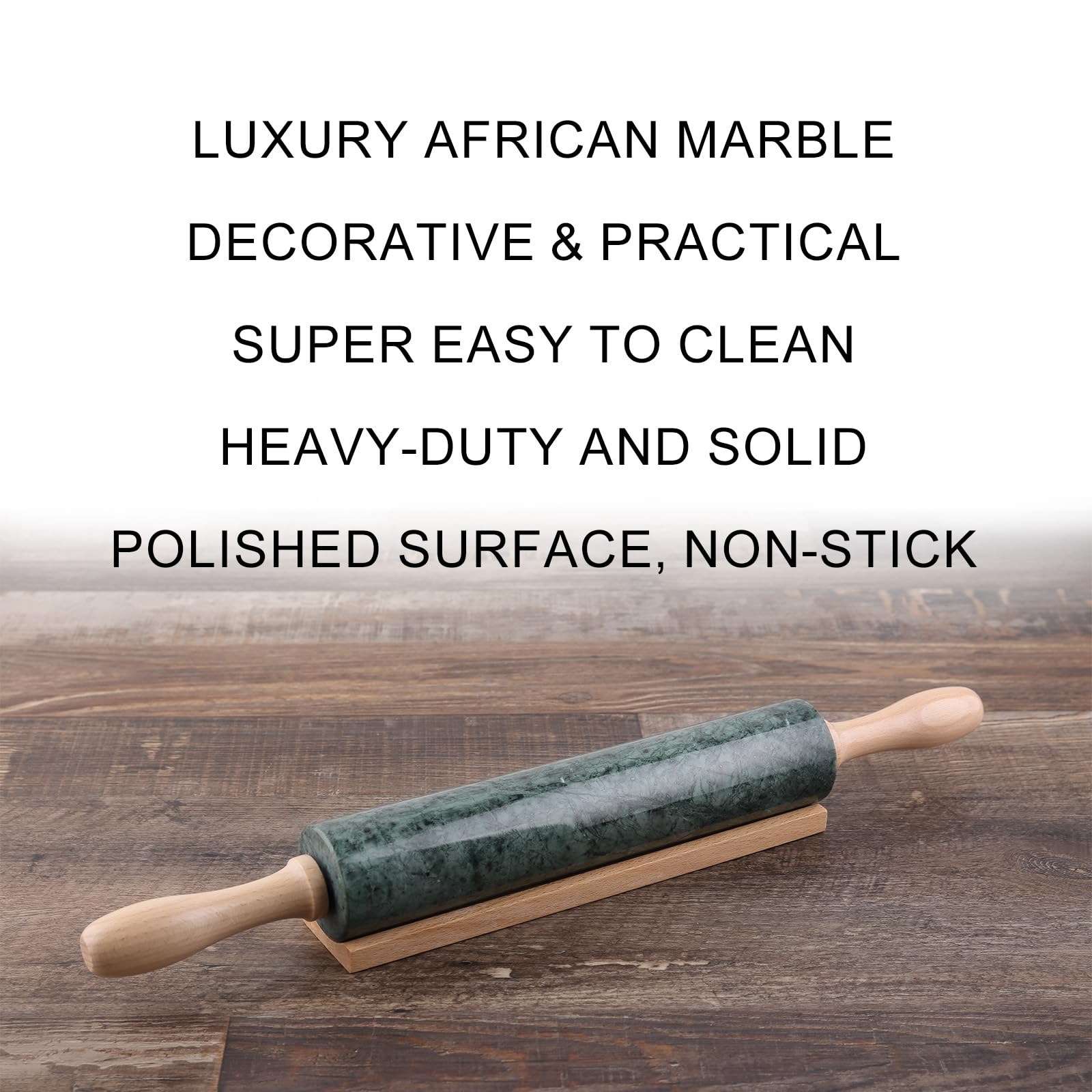 Koville marble rolling pin top view highlighting heavy weight for effortless rolling.